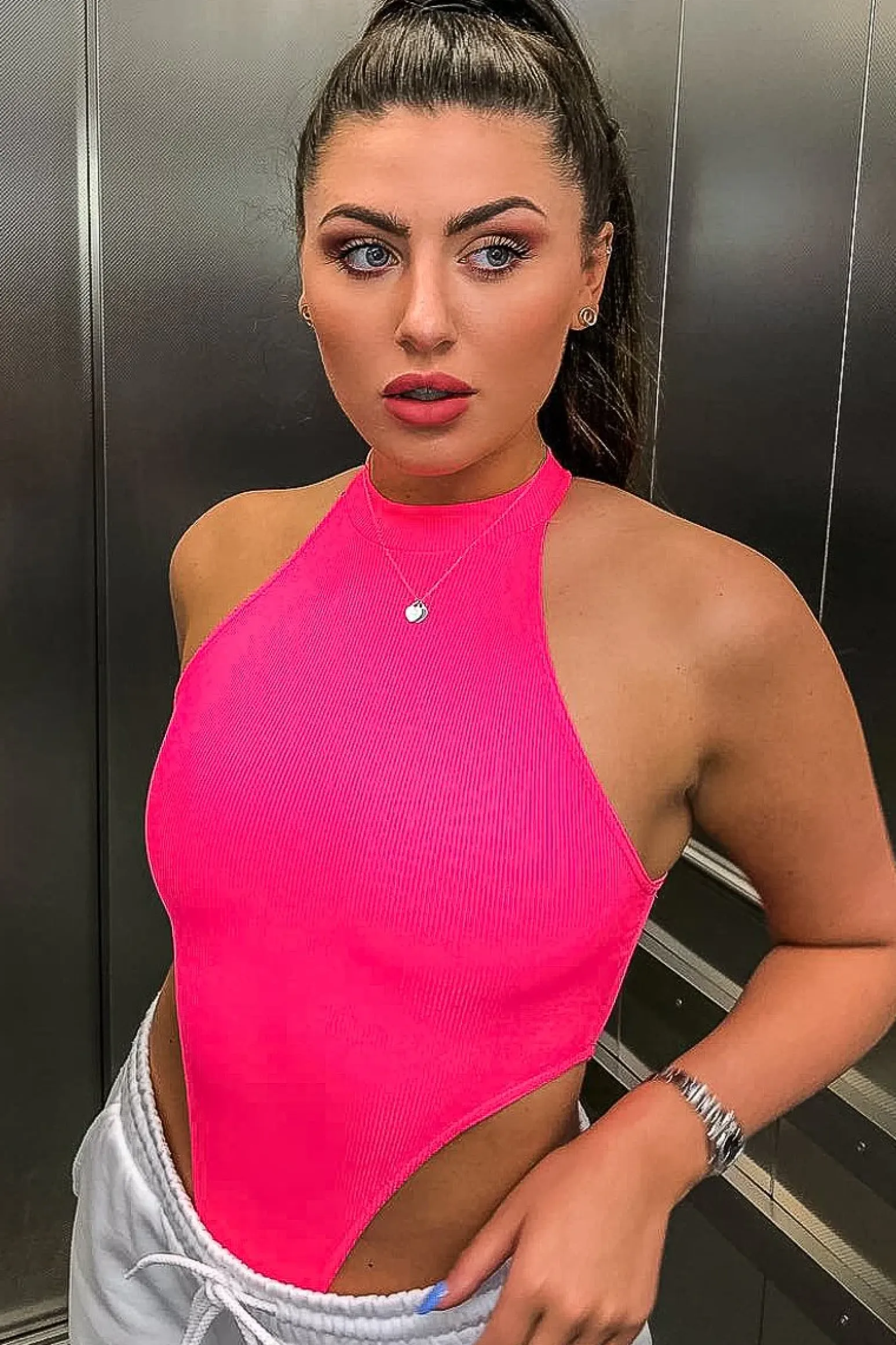 Rebellious Fashion Fuchsia Ribbed High Neck Sleeveless Bodysuit - Electra