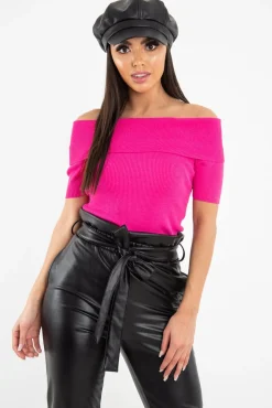 Rebellious Fashion Fuchsia Rib Knit Bardot Top - Gloria