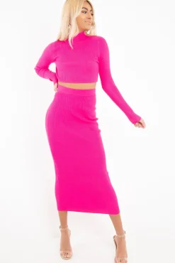 Rebellious Fashion Fuchsia Rib Knitted Midi Skirt - Kloey