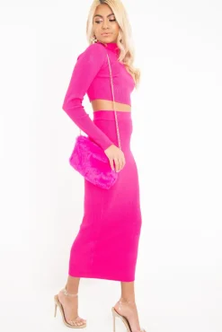 Rebellious Fashion Fuchsia Rib Knitted Midi Skirt - Kloey