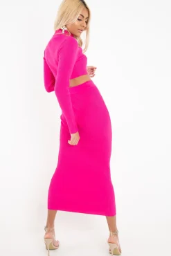 Rebellious Fashion Fuchsia Rib Knitted Midi Skirt - Kloey