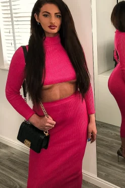 Rebellious Fashion Fuchsia Rib Knitted Midi Skirt - Kloey