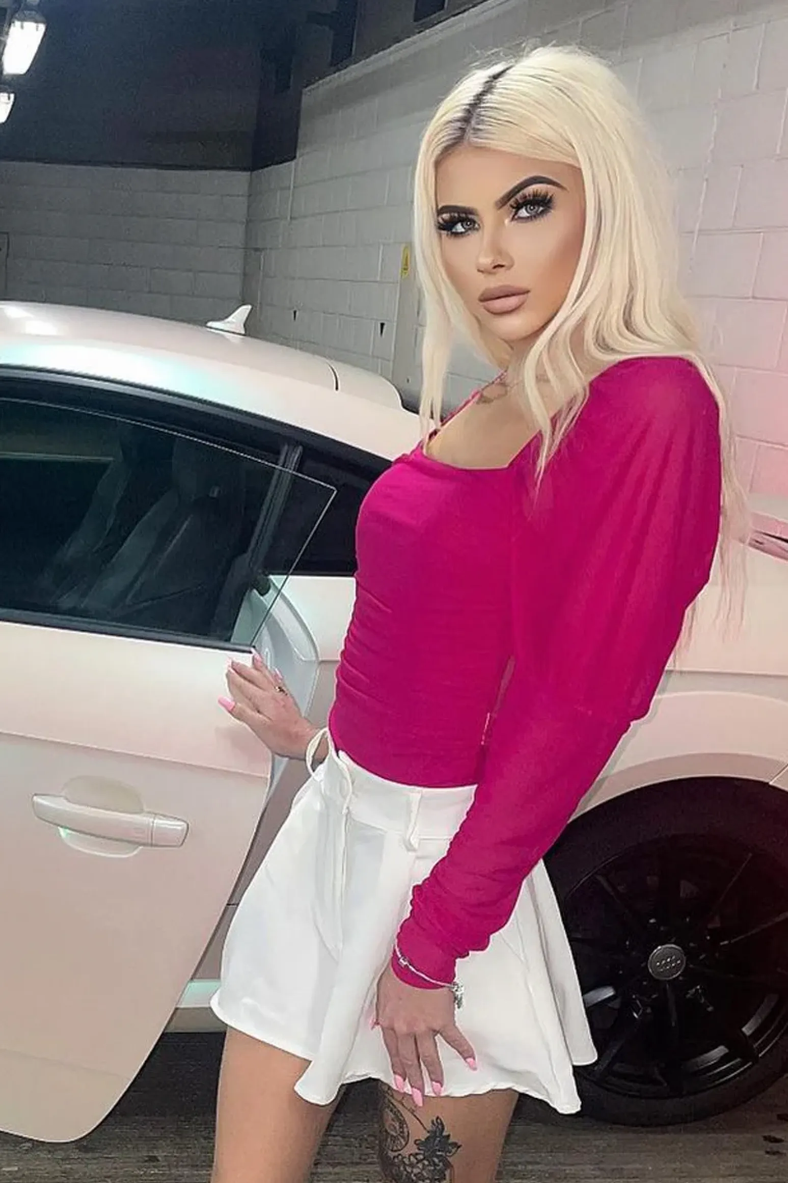 Rebellious Fashion Fuchsia Ruched Body Mesh Sleeve Bodysuit - Raeya