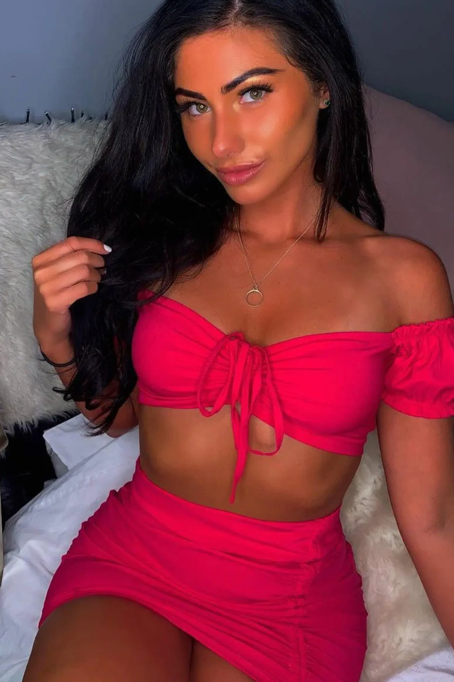 Rebellious Fashion Fuchsia Ruched Bow Tie Crop Top Skirt Co-ord - Chasity