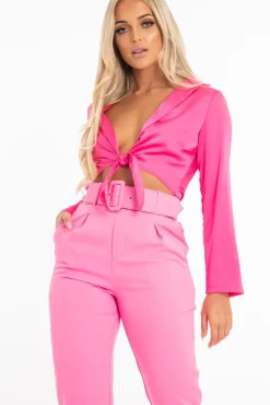 Rebellious Fashion Fuchsia Satin Cut Out Tie Front Bodysuit - Ezabella