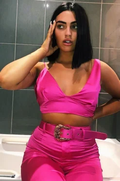 Rebellious Fashion Fuchsia Satin Plunge Bralet Belted Trousers Co-Ord - Paola
