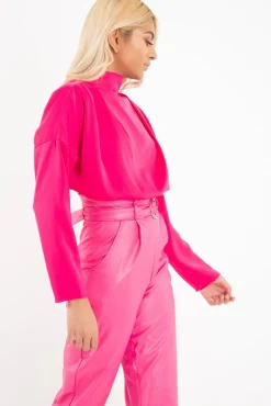 Rebellious Fashion Fuchsia Satin Shoulder Pad Shirred Waist Blouse - Farida