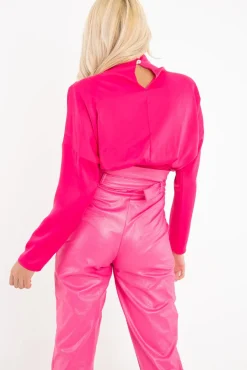 Rebellious Fashion Fuchsia Satin Shoulder Pad Shirred Waist Blouse - Farida
