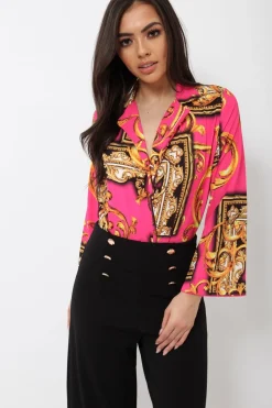 Rebellious Fashion Fuchsia Scarf Print Plunge Bodysuit - Cindy-Lou