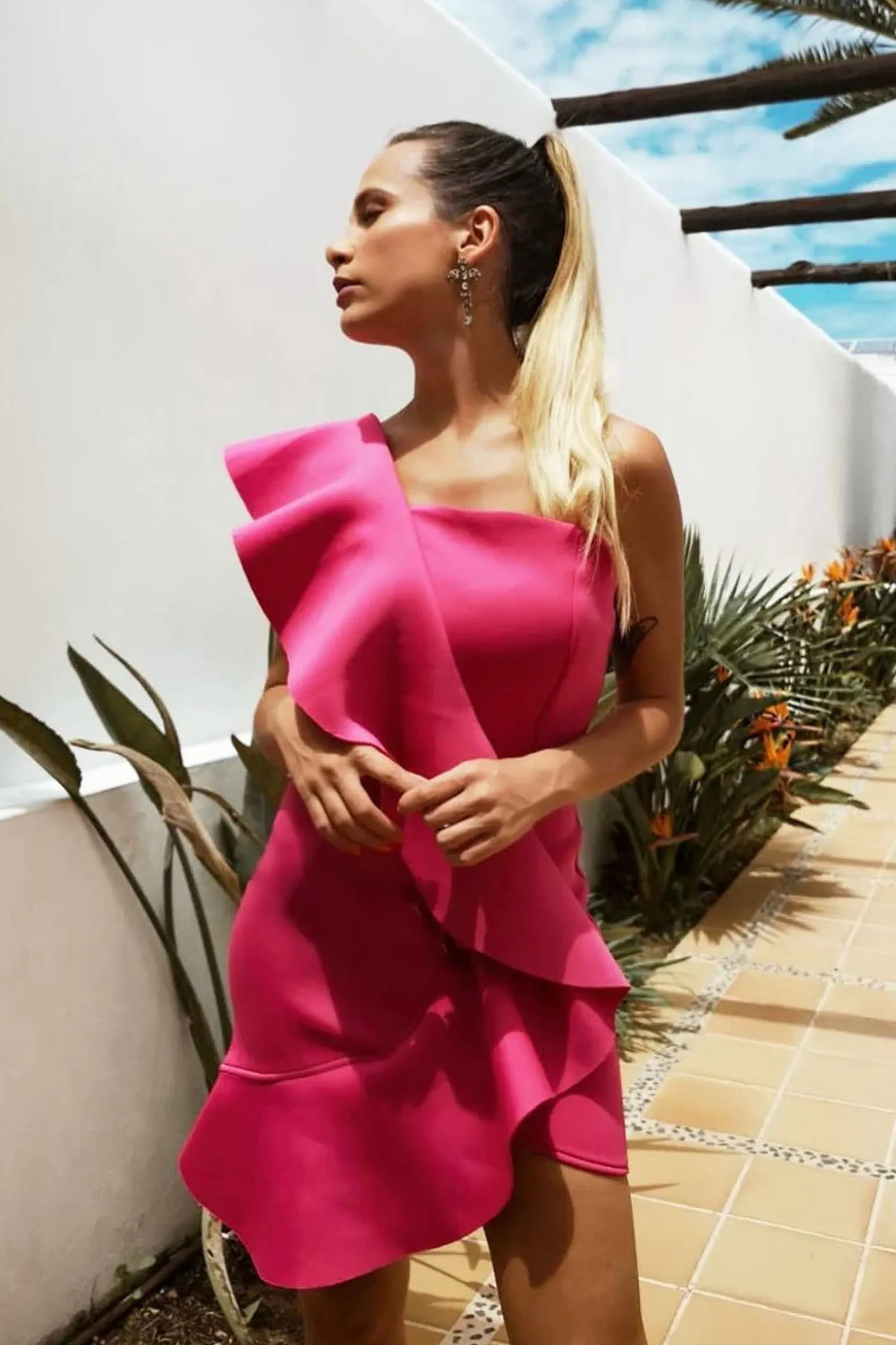 Rebellious Fashion Fuchsia Scuba One Shoulder Ruffle Front Dress - Kyomi