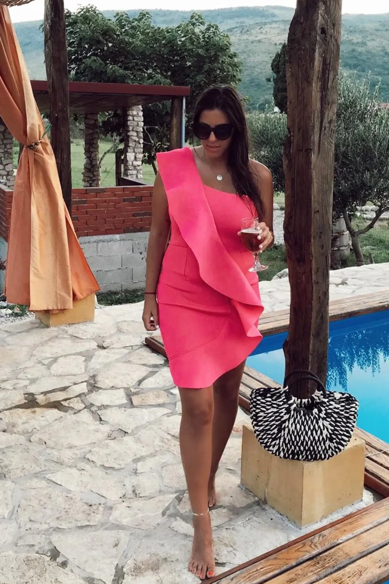 Rebellious Fashion Fuchsia Scuba One Shoulder Ruffle Front Dress - Kyomi