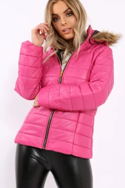 Rebellious Fashion Fuchsia Shiny Puffer Coat with Fur Hood - Idy