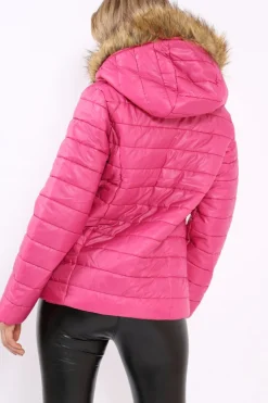 Rebellious Fashion Fuchsia Shiny Puffer Coat with Fur Hood - Idy