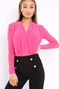 Rebellious Fashion Fuchsia Slinky Plunge Front Bodysuit - Connie