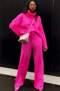 Rebellious Fashion Fuchsia Slinky Tie Detail Wide Leg Trousers - Jenelle