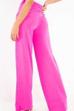 Rebellious Fashion Fuchsia Slinky Tie Detail Wide Leg Trousers - Jenelle