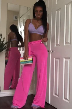 Rebellious Fashion Fuchsia Slinky Tie Detail Wide Leg Trousers - Jenelle