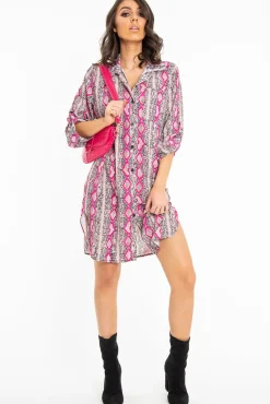 Rebellious Fashion Fuchsia Snake Print Oversized Shirt Dress - Joselynn