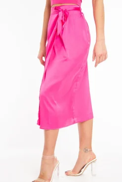 Rebellious Fashion Fuchsia Wrap Tie Side Satin Midi Skirt - Mailah