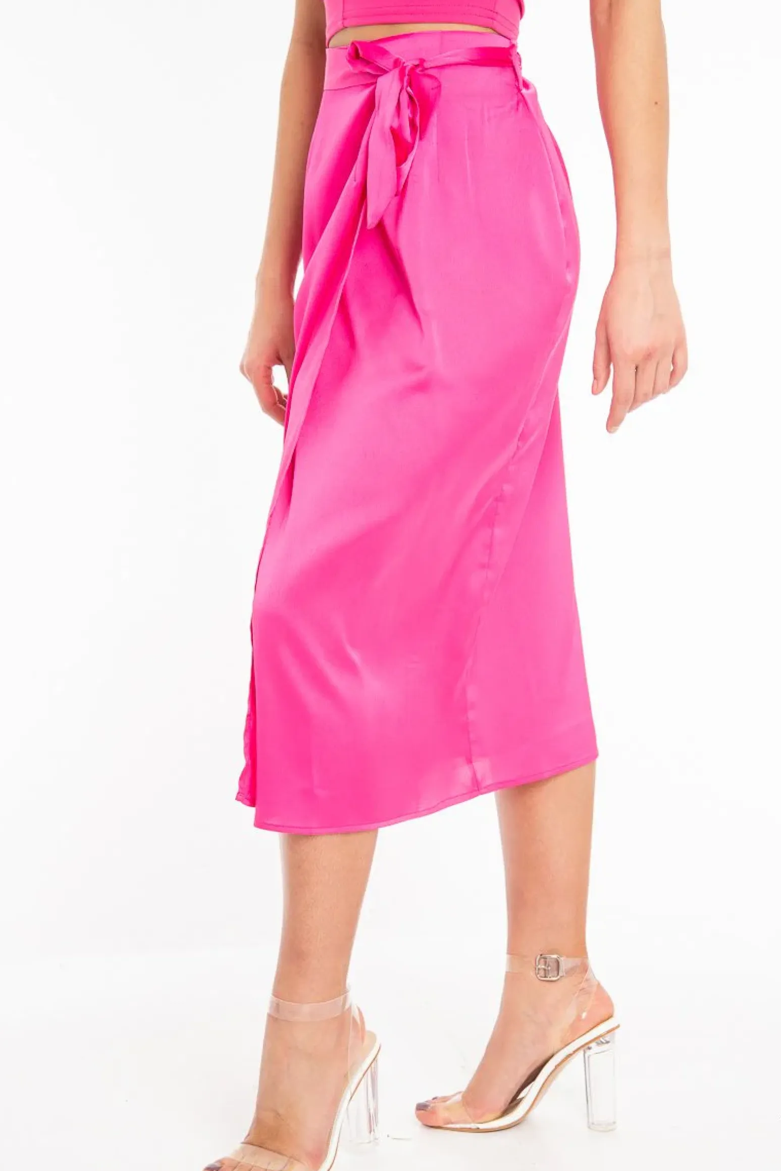 Rebellious Fashion Fuchsia Wrap Tie Side Satin Midi Skirt - Mailah