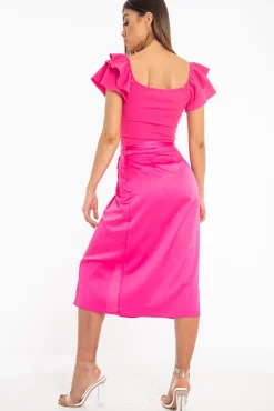 Rebellious Fashion Fuchsia Wrap Tie Side Satin Midi Skirt - Mailah
