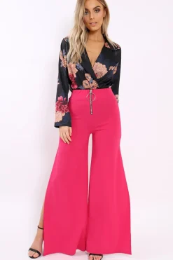 Rebellious Fashion Fuchsia Zip Front High Waisted Flare Trousers - Gerta