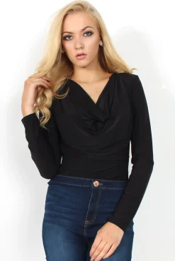 Rebellious Fashion Gabriella Black Cowl Neck Bodysuit