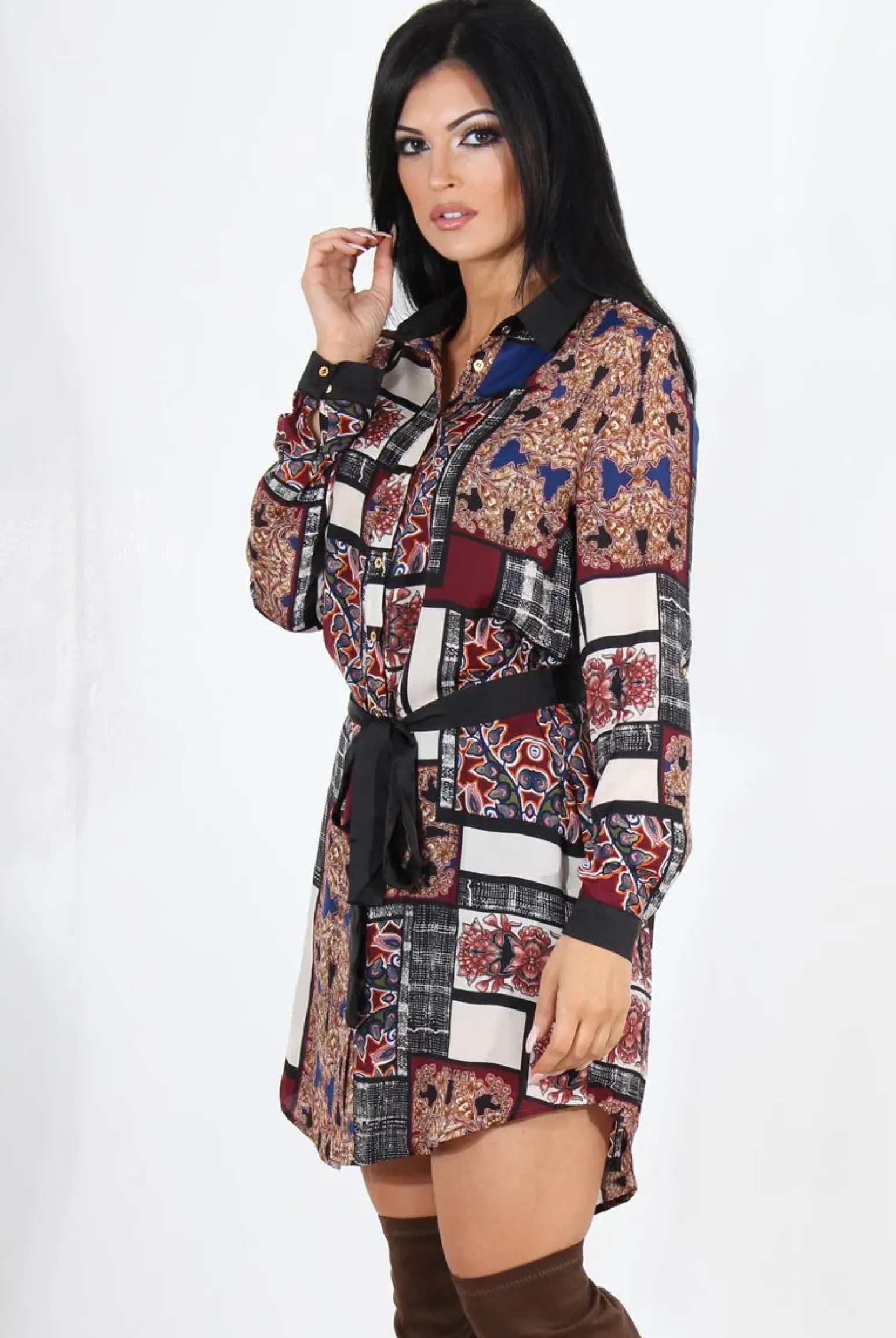 Rebellious Fashion Gemma Wine Paisley Print Shirt Dress