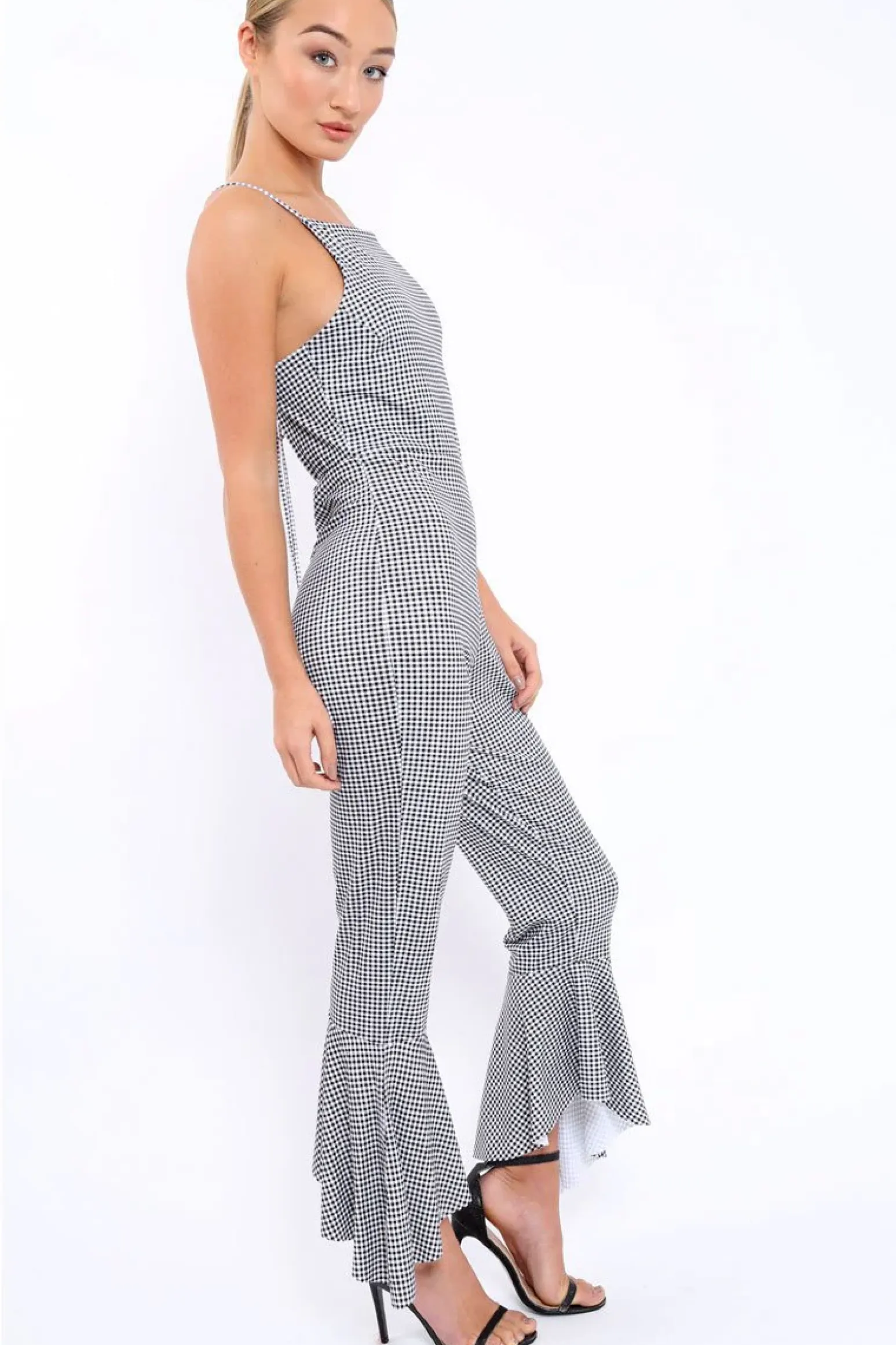 Rebellious Fashion Gingham Cropped Frill Hem Jumpsuit - Sadey
