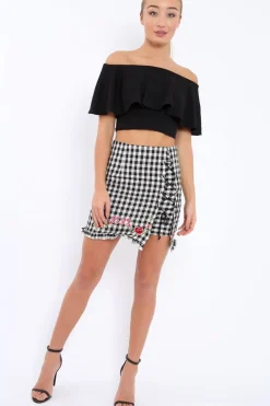 Rebellious Fashion Gingham Lace up Skirt with Floral Embroidery - Juliet