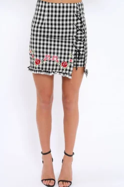 Rebellious Fashion Gingham Lace up Skirt with Floral Embroidery - Juliet