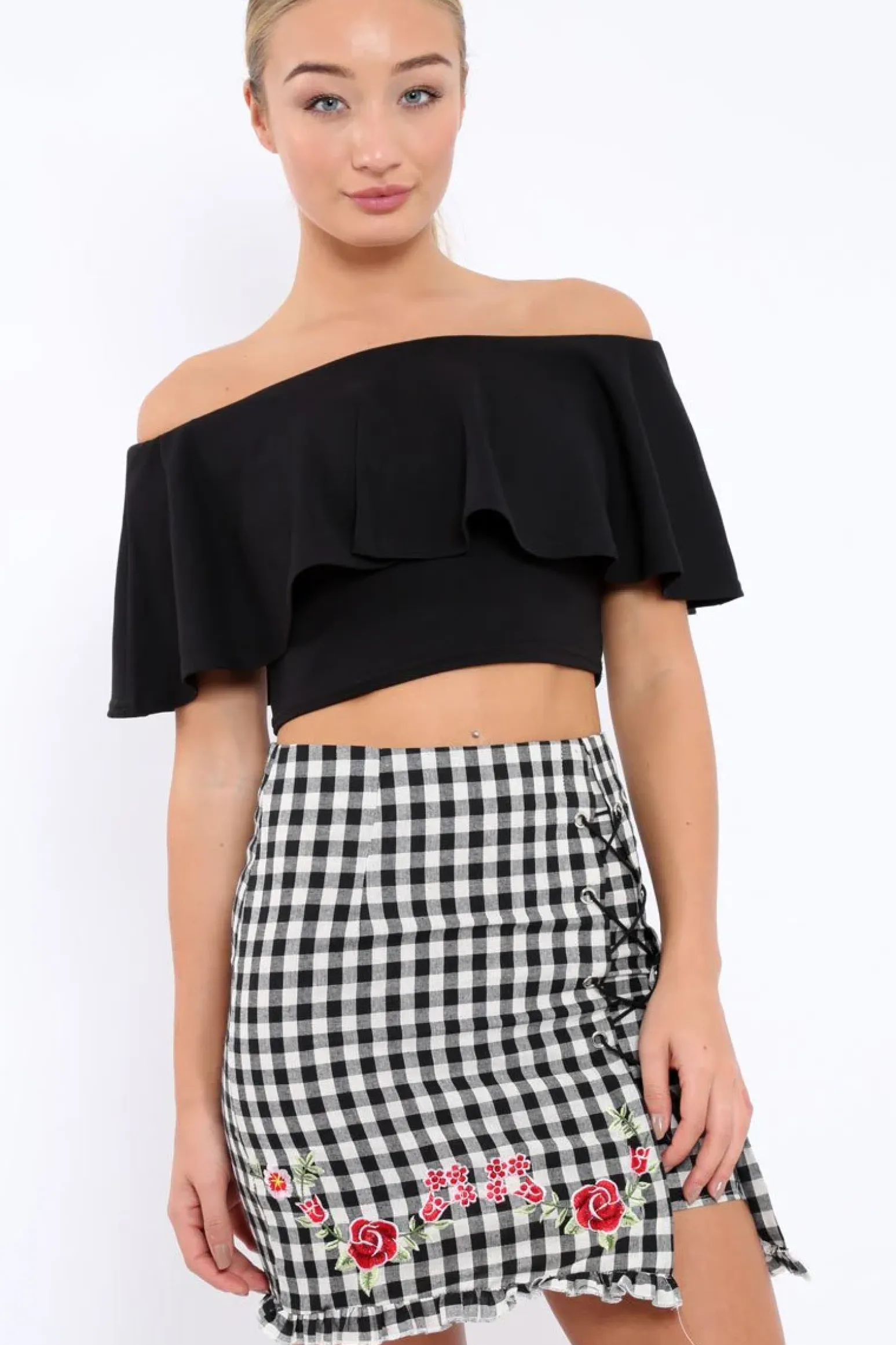 Rebellious Fashion Gingham Lace up Skirt with Floral Embroidery - Juliet