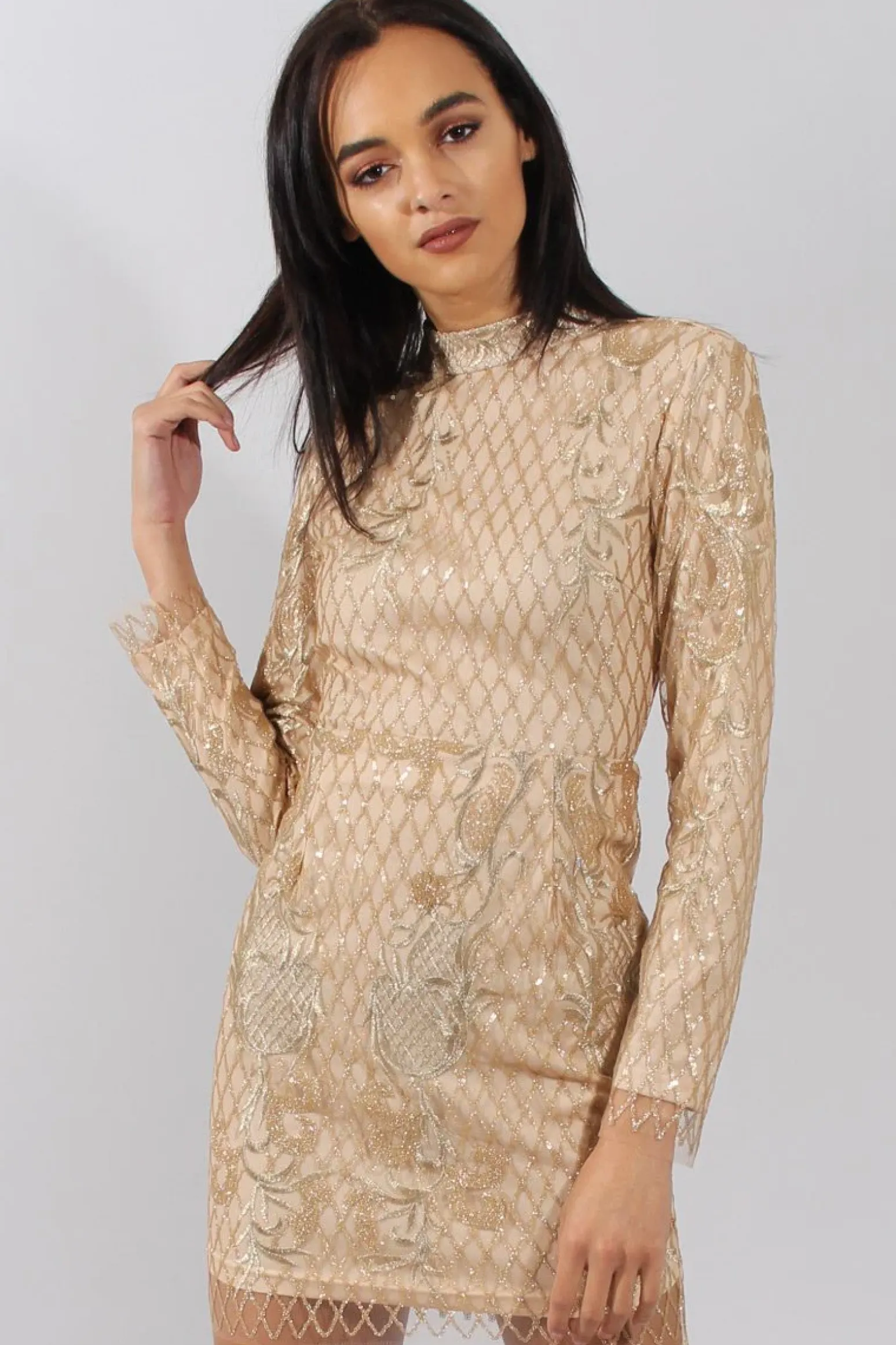 Rebellious Fashion Gold High Neck Sequin Embellished Bodycon Dress - Laila