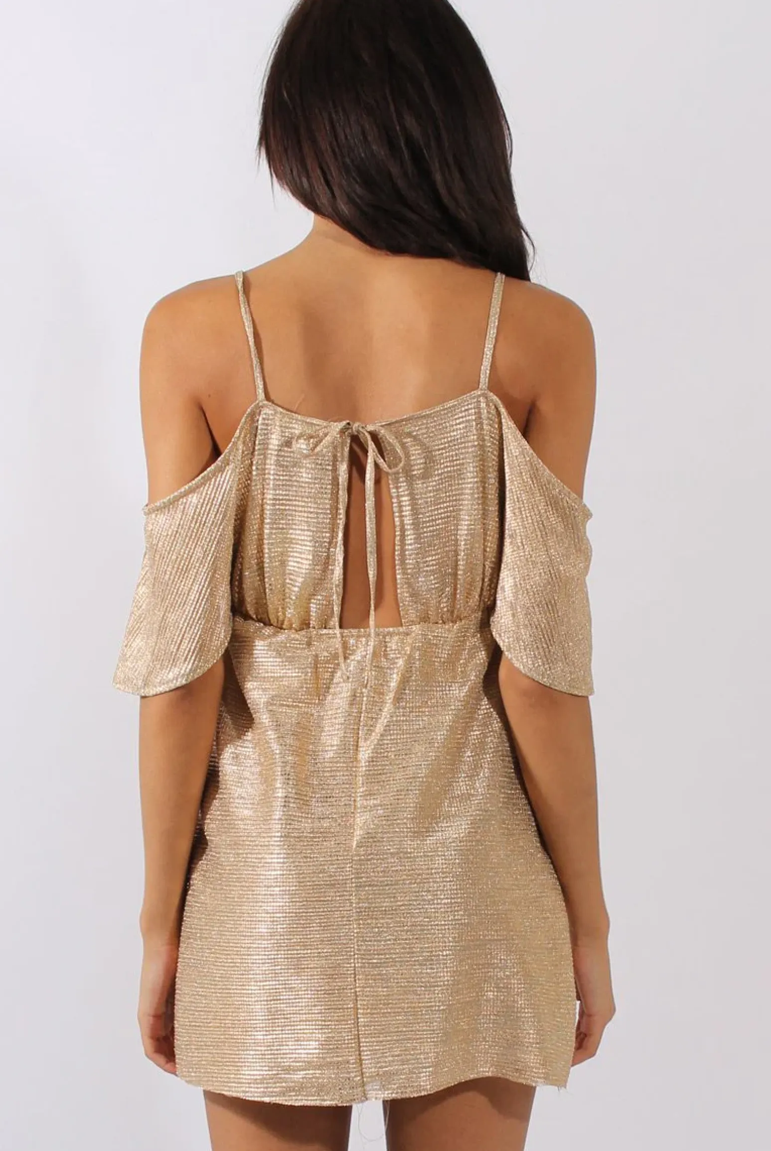 Rebellious Fashion Gold Metallic Cold Shoulder Tie Back Dress - Fern