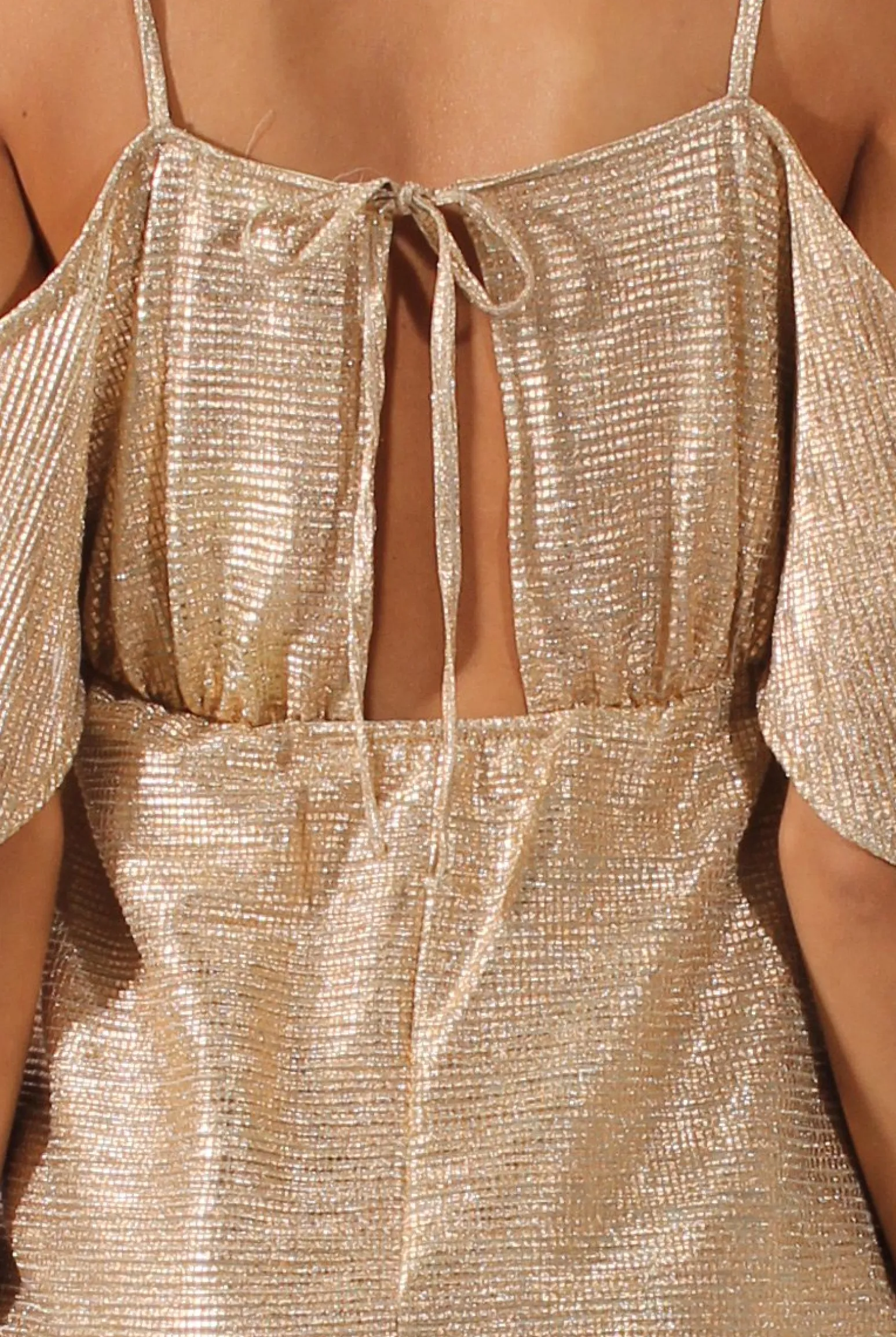 Rebellious Fashion Gold Metallic Cold Shoulder Tie Back Dress - Fern