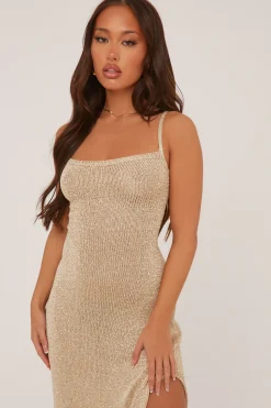Rebellious Fashion Gold Metallic Knit Side Slit Lace Maxi Dress - Kamiah