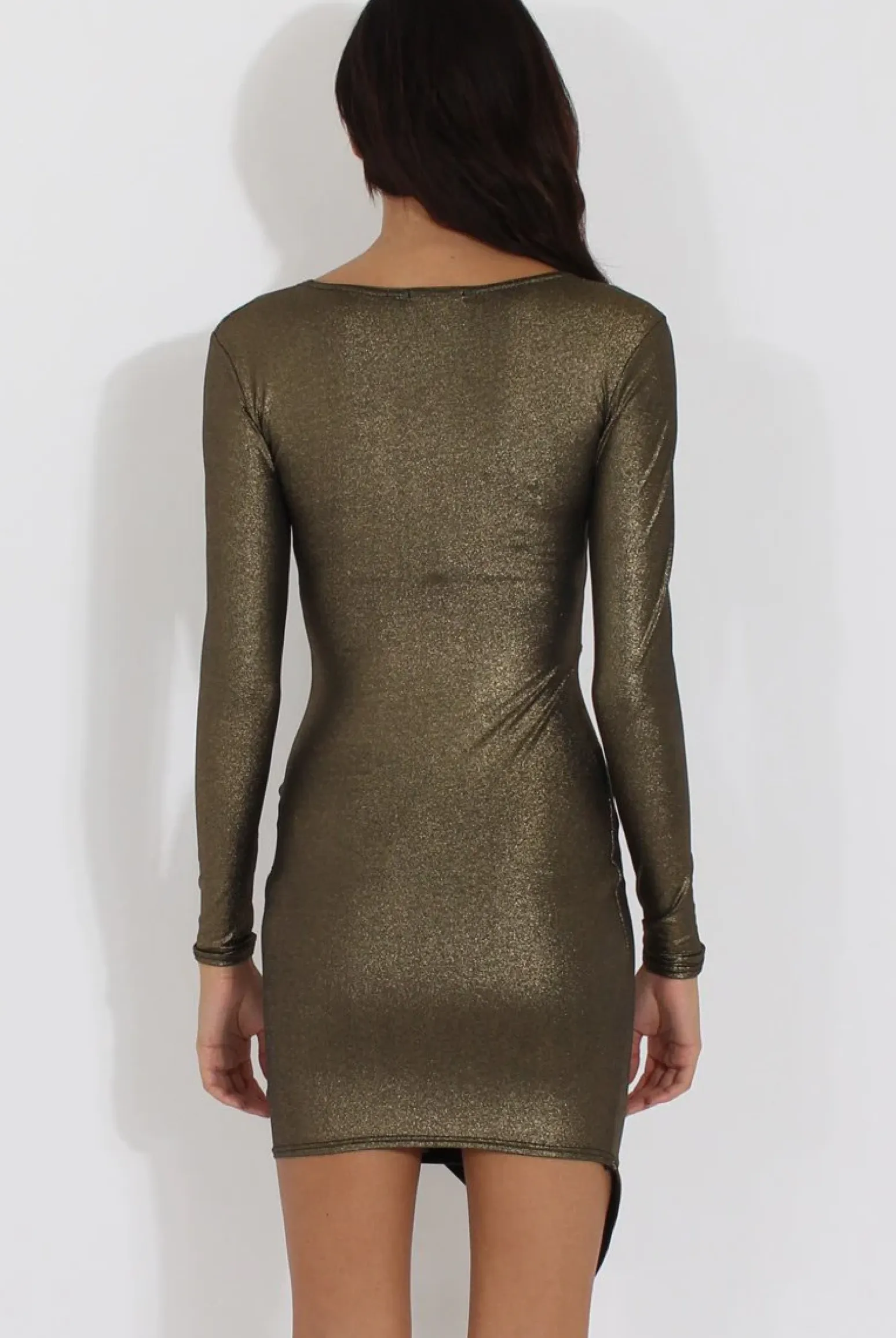 Rebellious Fashion Gold Metallic Wrap Side Ruched Dress - Harlie