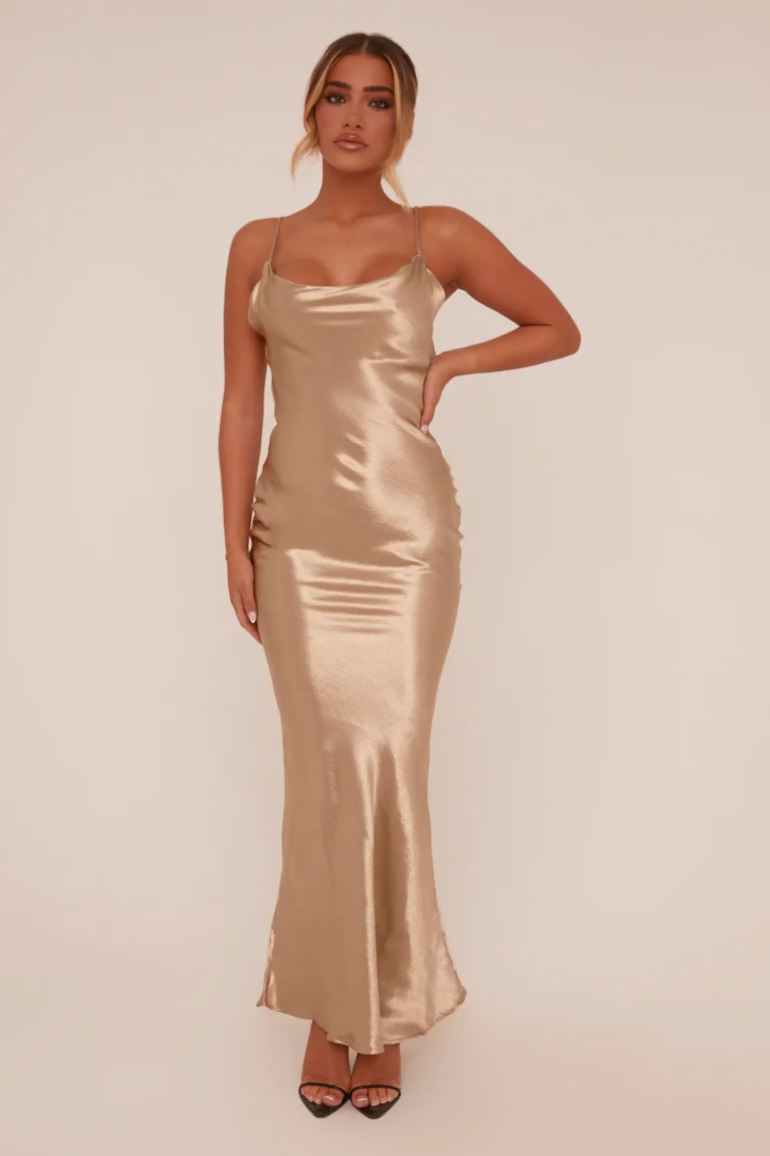 Rebellious Fashion Gold Satin Cowl Neck Maxi Dress - Jesi