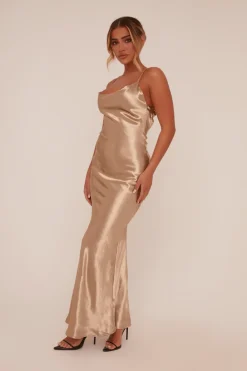 Rebellious Fashion Gold Satin Cowl Neck Maxi Dress - Jesi