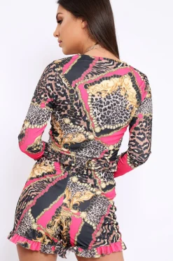 Rebellious Fashion Gold & Fuchsia Frill Chain Print Co-Ord - Haidy
