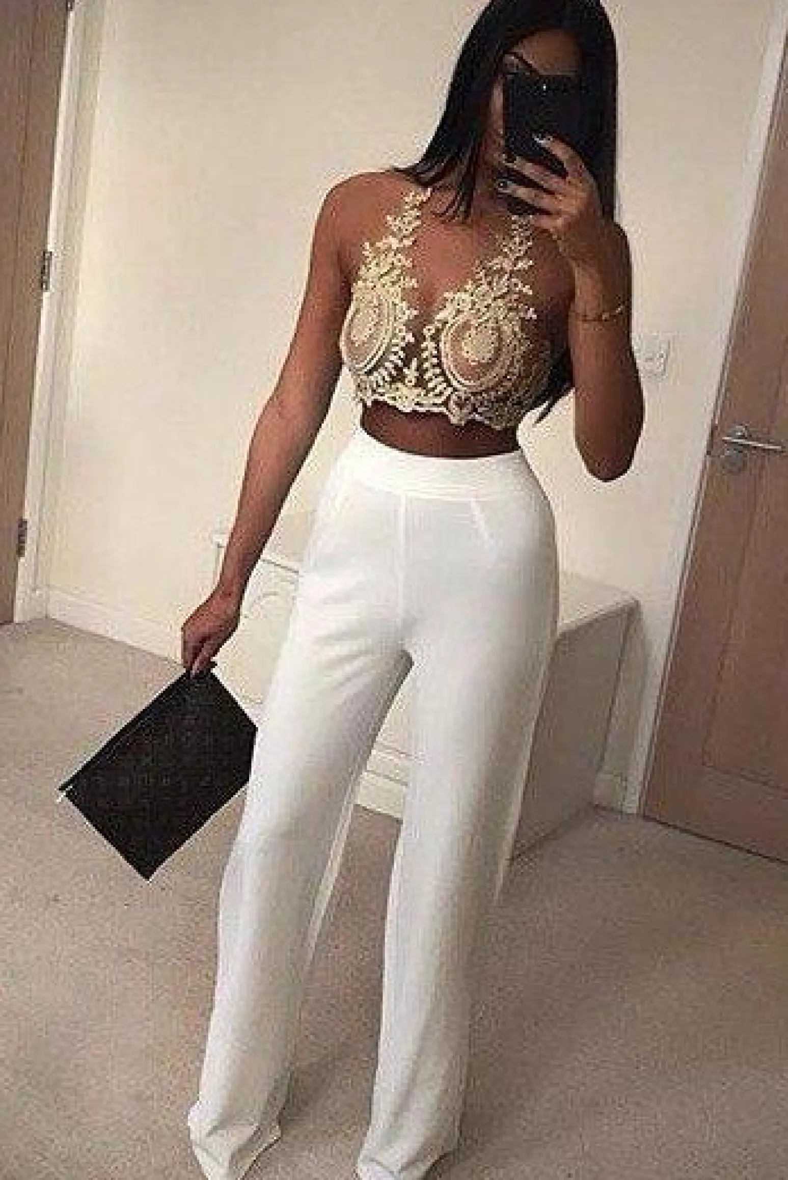 Rebellious Fashion Gold Applique Sheer Halter neck Bralet - Shawna