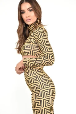 Rebellious Fashion Gold Black Greek Crop Top Leggings Co-Ord - Artemis