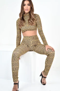 Rebellious Fashion Gold Black Greek Crop Top Leggings Co-Ord - Artemis