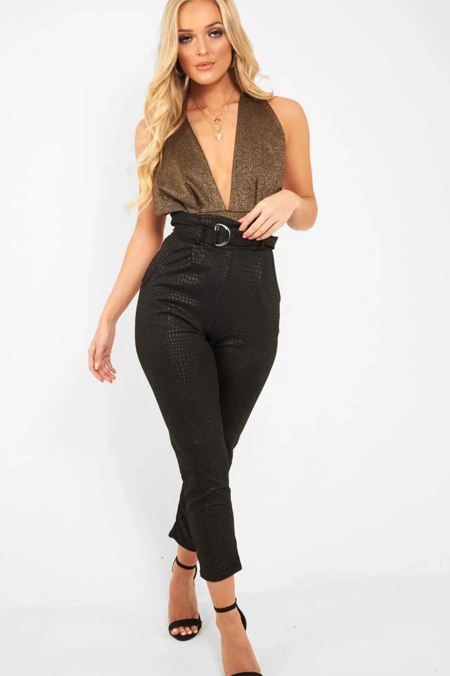 Rebellious Fashion Gold Black Plunge Cross Back Bodysuit - Jolina