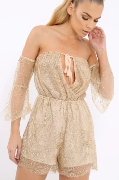 Rebellious Fashion Gold Glitter Off Shoulder Flared Sleeve Playsuit - Tabitha
