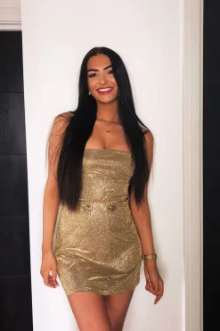 Rebellious Fashion Gold Glitter Straight Neck Mini Dress - Alanis