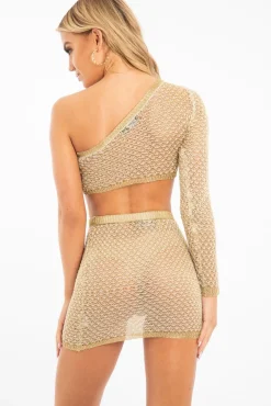 Rebellious Fashion Gold Mesh One Sleeve Crop Top Skirt Co-ord - Tyriana