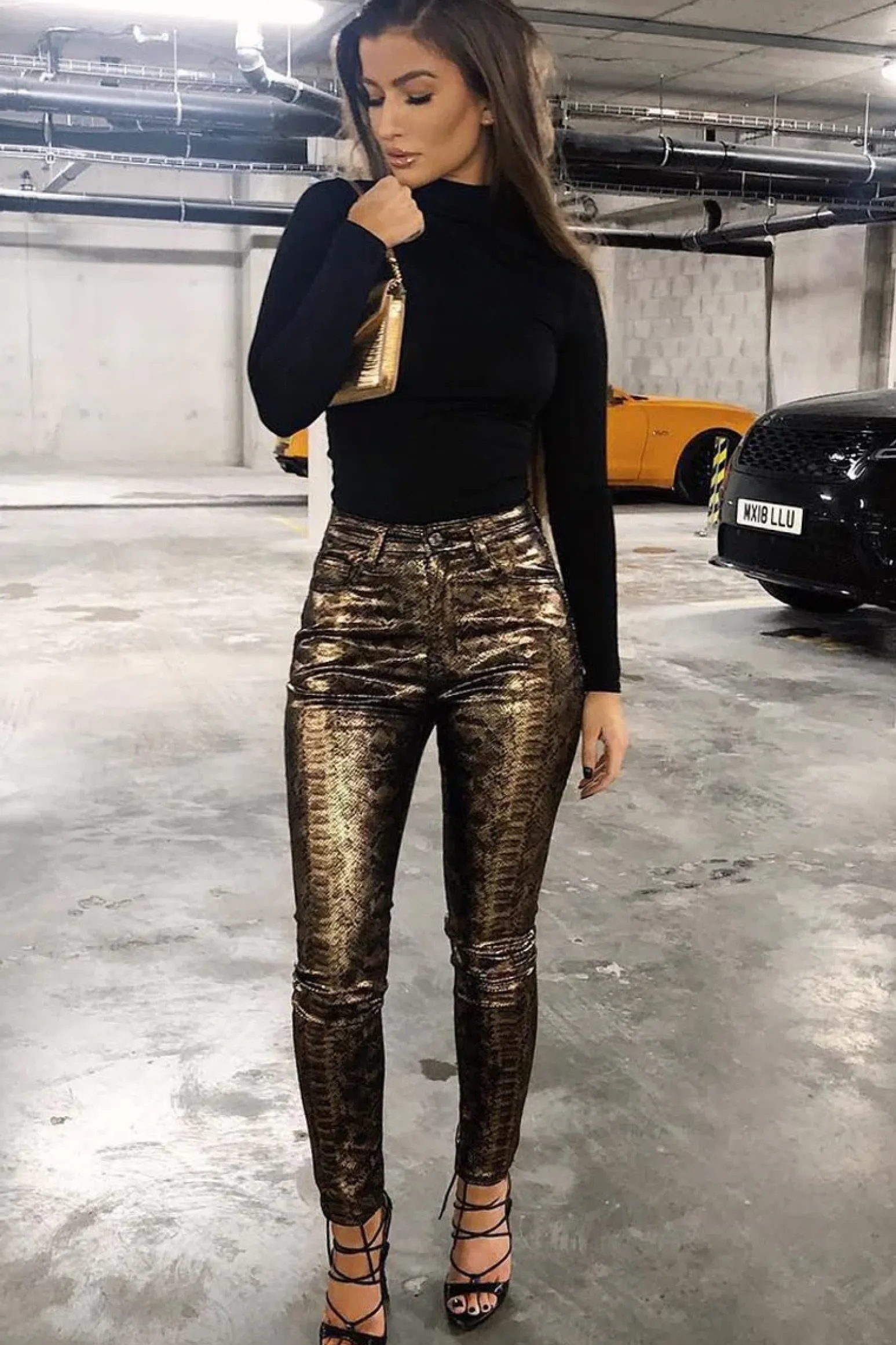Rebellious Fashion Gold Metallic Coated Snake Print Jeans - Tamsin