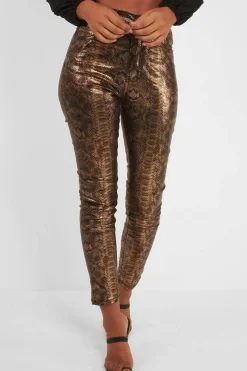 Rebellious Fashion Gold Metallic Coated Snake Print Jeans - Tamsin