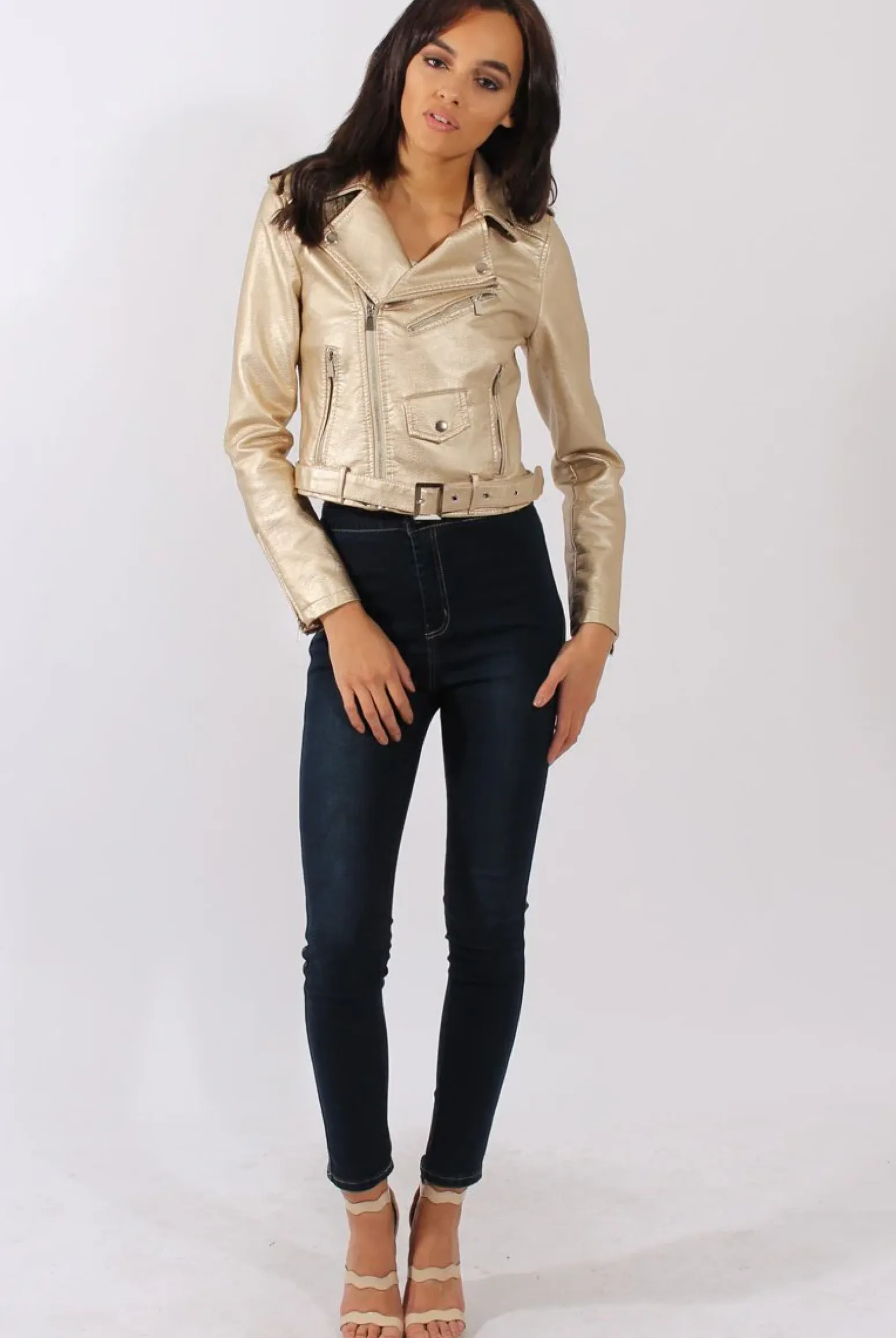Rebellious Fashion Gold Metallic Cropped Biker Jacket - Bianca
